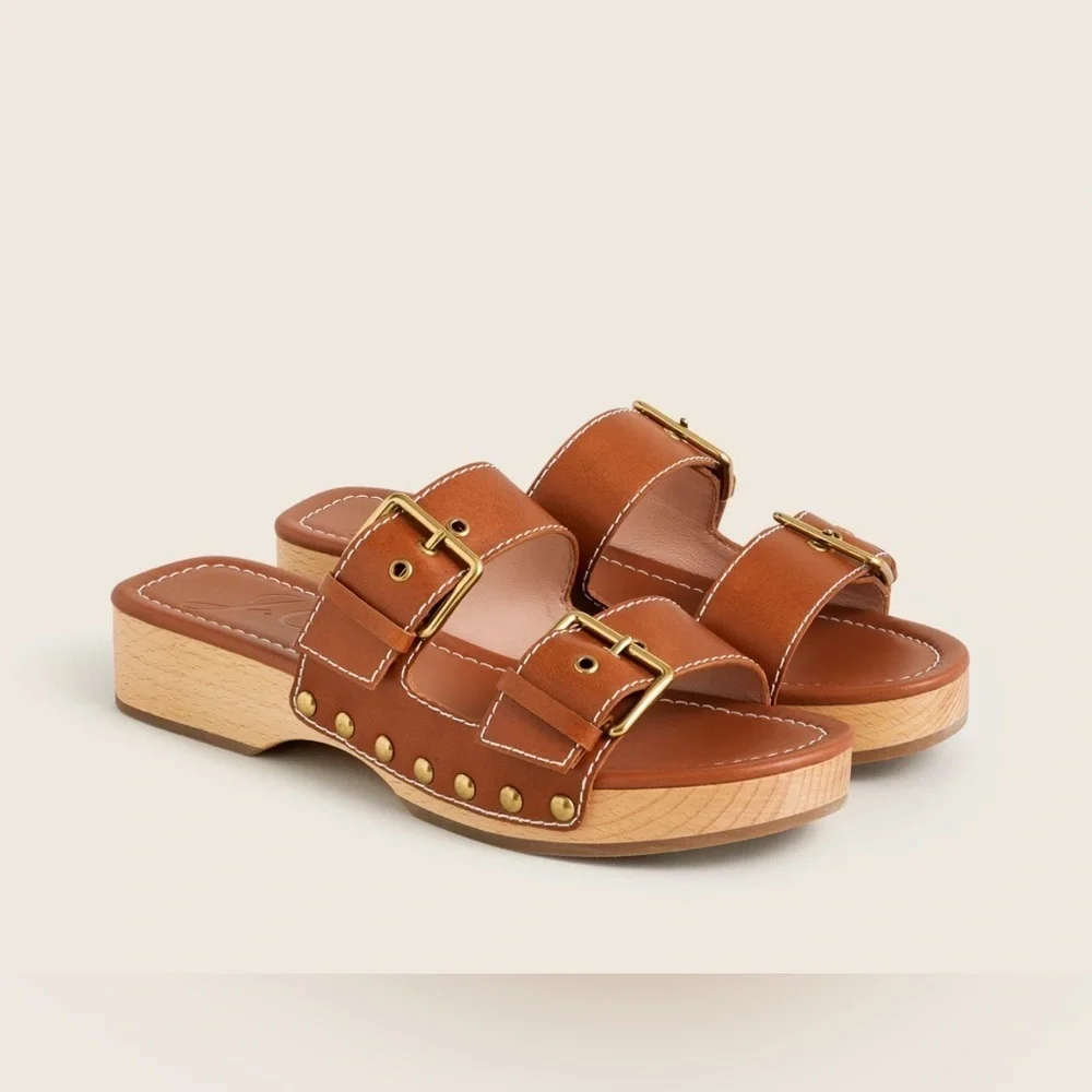J. Crew- Leather Double Buckle-Strap Sandals in Color Rich Oak. Size 10.5